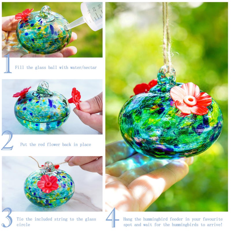 KRISININE 3.3OZ Glass Hummingbird Feeder with 2 Feeding Ports Blown Glass Hummingbird Feeder for Outdoors Hanging Garden Patio Decoration Uniques Hummingbird Gifts for Women - Image 4